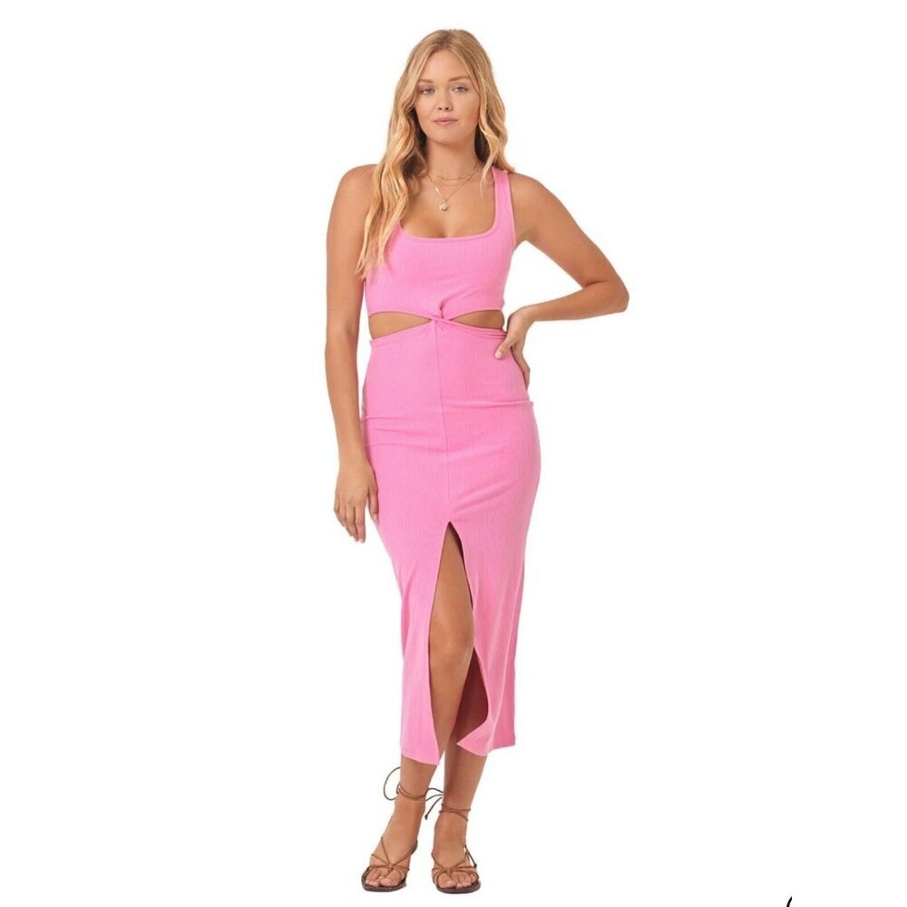L*Space Womens Size XL Guava Pink Ribbed Cut-Out Midi Skyler‎ Dress NWT NEW